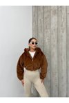 Kahve Peluş Oversize Crop Kapüşonlu Mont