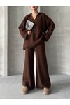 Kahve V Yaka Triko Bol Paça Alt Üst İkili Takım
