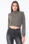 Kahve Vatkalı Kalın Fitilli Örme Kumaş Yarım Balıkçı Yaka Geniş Kesim Uzun Kollu Crop Sweatshirt