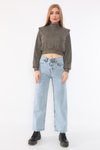 Kahve Vatkalı Kalın Fitilli Örme Kumaş Yarım Balıkçı Yaka Geniş Kesim Uzun Kollu Crop Sweatshirt