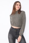 Kahve Vatkalı Kalın Fitilli Örme Kumaş Yarım Balıkçı Yaka Geniş Kesim Uzun Kollu Crop Sweatshirt