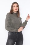 Kahve Vatkalı Kalın Fitilli Örme Kumaş Yarım Balıkçı Yaka Geniş Kesim Uzun Kollu Crop Sweatshirt