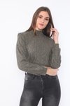Kahve Vatkalı Kalın Fitilli Örme Kumaş Yarım Balıkçı Yaka Geniş Kesim Uzun Kollu Crop Sweatshirt