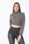 Kahve Vatkalı Kalın Fitilli Örme Kumaş Yarım Balıkçı Yaka Geniş Kesim Uzun Kollu Crop Sweatshirt