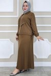 Kahverengi Aller Dikim Taş Detaylı İkili Tesettür Takım