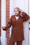 Kahverengi Bağlama Detaylı Kimono İkili Tesettür Takım
