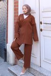 Kahverengi Bağlama Detaylı Kimono İkili Tesettür Takım