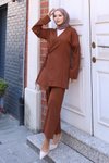 Kahverengi Bağlama Detaylı Kimono İkili Tesettür Takım