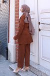 Kahverengi Bağlama Detaylı Kimono İkili Tesettür Takım