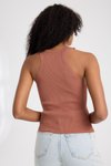 Kahverengi Fitilli Halter Yaka Crop Triko