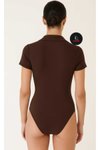 Kahverengi Kahve Kısa Kollu Patlı Yakalı İpek Jarse Body