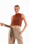 Kahverengi Likralı Crop Bluz