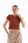 Kahverengi Likralı Kısa Kol Crop Bluz