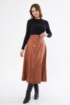 Kahverengi Midi Süs Düğmeli Suni Crash Deri Etek