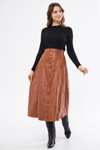 Kahverengi Midi Süs Düğmeli Suni Crash Deri Etek