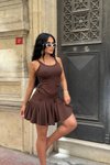 Kahverengi Mini Askılı Mocca Kaşkorse Elbise