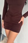 Kahverengi Mini Eteği Büzgülü Uzun Kollu Elbise