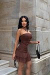 Kahverengi Mini Moon Detay Straplez Tül Elbise