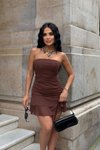 Kahverengi Mini Moon Detay Straplez Tül Elbise