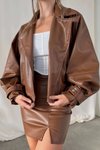 Kahverengi Siyah Oversize Deri Ceket