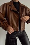 Kahverengi Siyah Oversize Deri Ceket