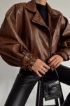 Kahverengi Siyah Oversize Deri Ceket