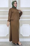 Kahverengi Taş Detaylı Simli İkili Tesettür Takım