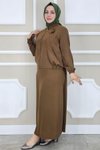 Kahverengi Taş Detaylı Simli İkili Tesettür Takım