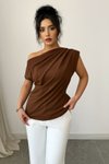 Brown One Shoulder Detail Scuba Crepe Fabric Blouse