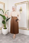 Kahverengi Uzun Deri Görünümlü Beli Lastikli Piliseli Etek