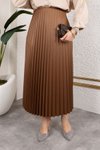 Kahverengi Uzun Deri Görünümlü Beli Lastikli Piliseli Etek