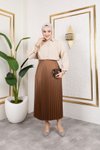 Kahverengi Uzun Deri Görünümlü Beli Lastikli Piliseli Etek