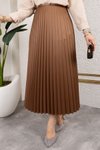 Kahverengi Uzun Deri Görünümlü Beli Lastikli Piliseli Etek