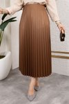 Kahverengi Uzun Deri Görünümlü Beli Lastikli Piliseli Etek
