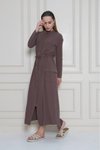Kahverengi Uzun Krep Cepli Katlanabilir Kollu Büzgülü Yazlık Elbise
