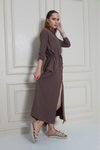 Kahverengi Uzun Krep Cepli Katlanabilir Kollu Büzgülü Yazlık Elbise