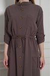Kahverengi Uzun Krep Cepli Katlanabilir Kollu Büzgülü Yazlık Elbise