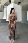 Kahverengi Uzun Straplez Tulle Tasarım Elbise