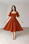 Terracotta Midi Crepe Fabric Pleated Square Neck Balloon Sleeve Dress