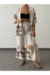 Kırık Beyaz Desenli Kimono Suit İkili Takım