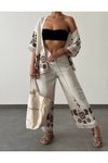 Kırık Beyaz Desenli Kimono Suit İkili Takım