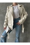 Kırık Beyaz Oversize Uzun Suni Deri Ceket