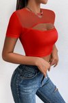 Red Short-Sleeve Blouse with Chest Cutout and Front Tulle