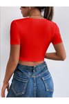 Kırmızı Göğüs Dekolteli Önü Tüllü Kısa Kollu Bluz
