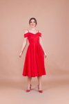 Kırmızı Midi Askılı Düşük Omuz Detay Pileli Abiye Elbise