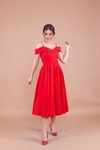 Kırmızı Midi Askılı Düşük Omuz Detay Pileli Abiye Elbise