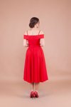 Kırmızı Midi Askılı Düşük Omuz Detay Pileli Abiye Elbise