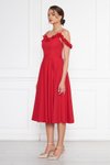 Kırmızı Midi Ayarlanabilir Askılı Yaka Fırfır Detay Dokuma Kumaş Pileli Kloş Abiye Elbise