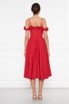 Kırmızı Midi Ayarlanabilir Askılı Yaka Fırfır Detay Dokuma Kumaş Pileli Kloş Abiye Elbise