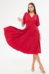 Kırmızı Midi Balon Kol V Yaka Korsaj Kemer Detay Süs Düğmeli Göğüs Pileli Dokuma Dökümlü Kumaş Abiye Elbise